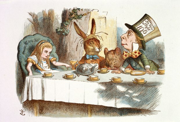 Tenniel's illustration of the Tea Party from Alice in Wonderland (1865)--painted version dated 1890.
