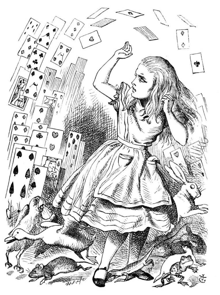 John Tenniel illustration of Alice with the deck of cards from 'Alice in Wonderland' (1865)